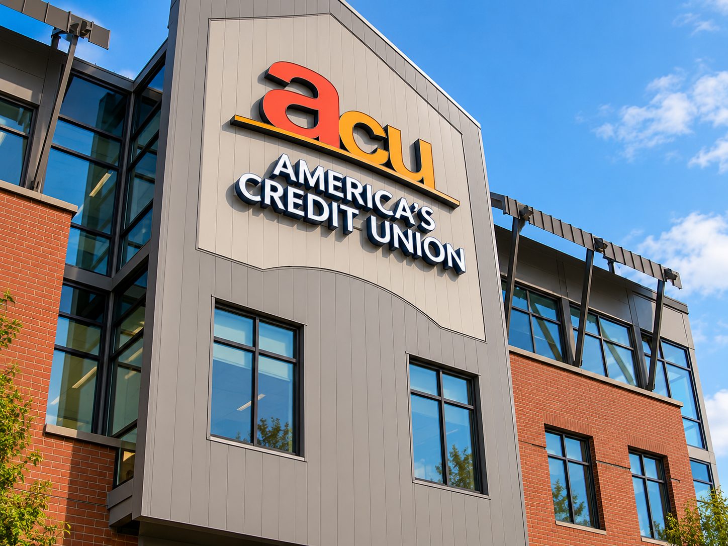 Exterior of an America's Credit Union branch with the ACU sign against a blue sky