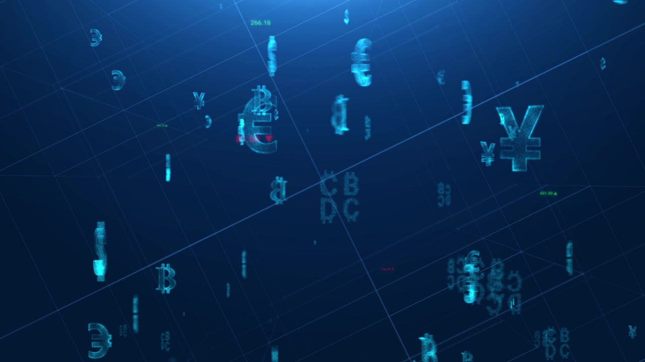 Digital currency symbols floating in blue cyberspace