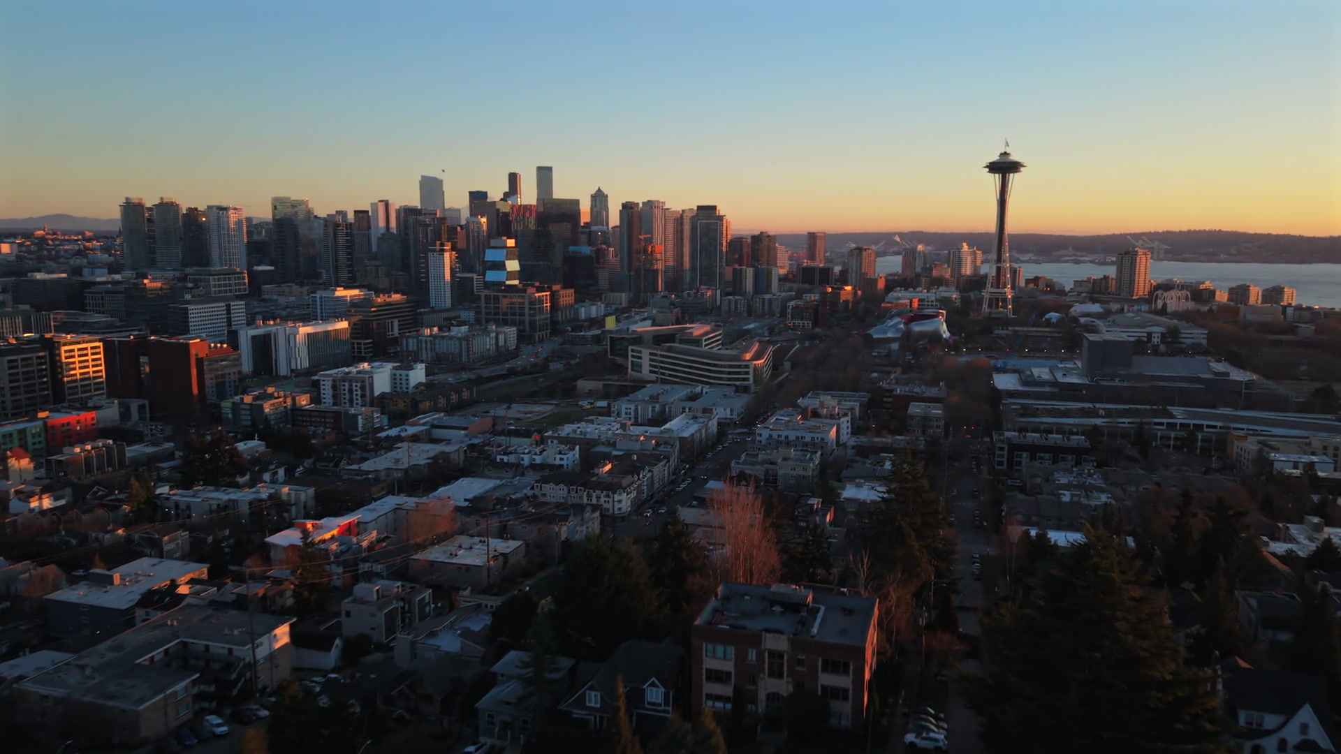 Seattle skyline and the Space Needle at sunset