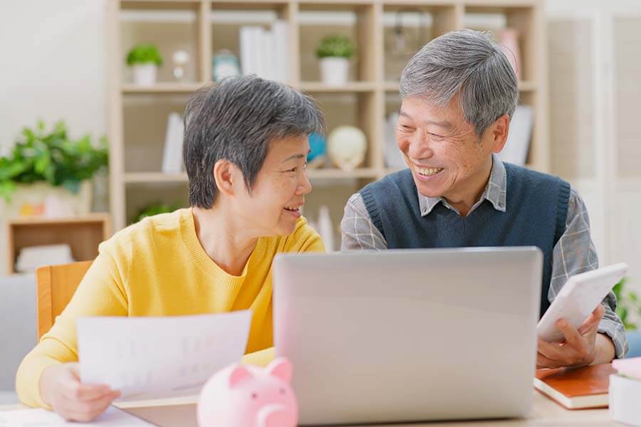 An older couple check their IRA savings balance online.